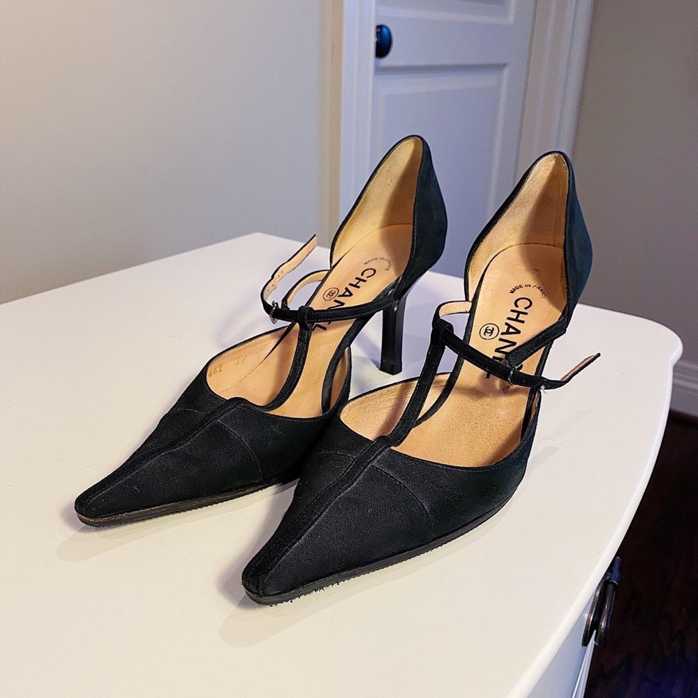 Size 7 Black Suede Vintage Chanel Heels
